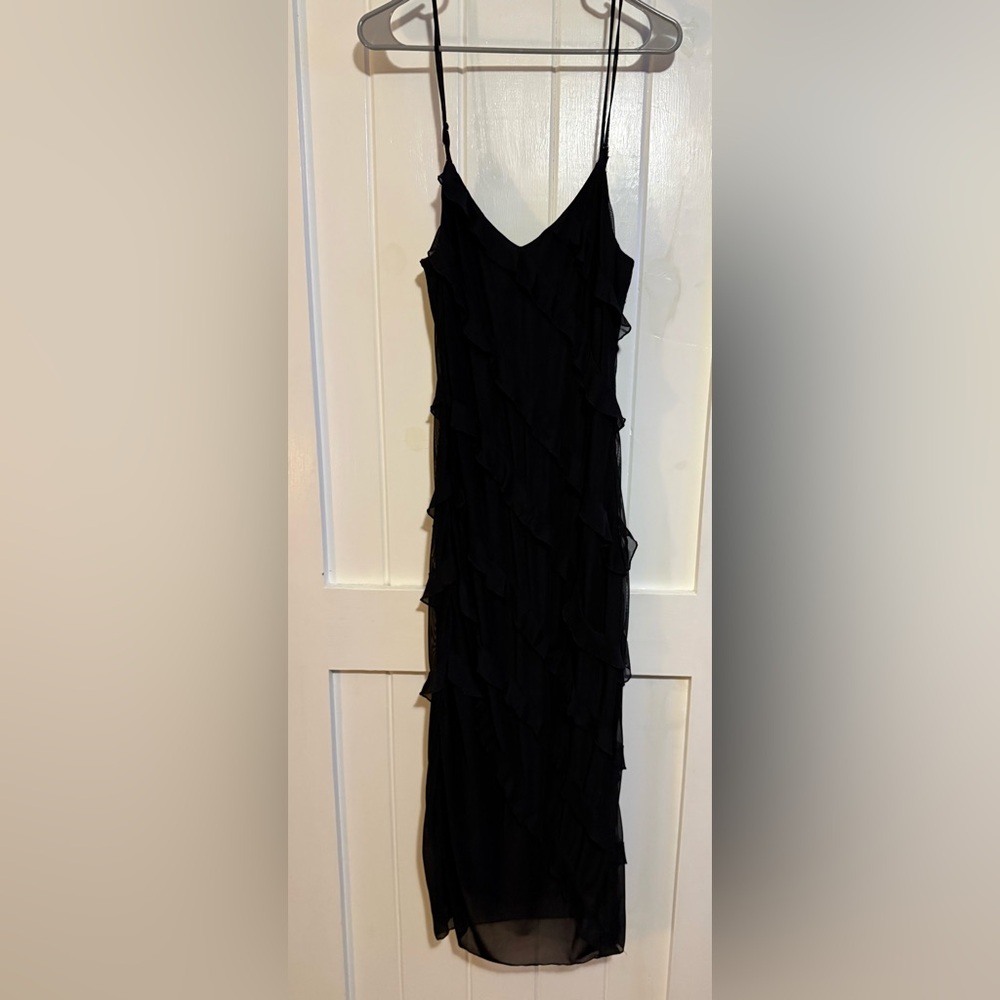 Cider Elegant Black Ruffle Midi Dress